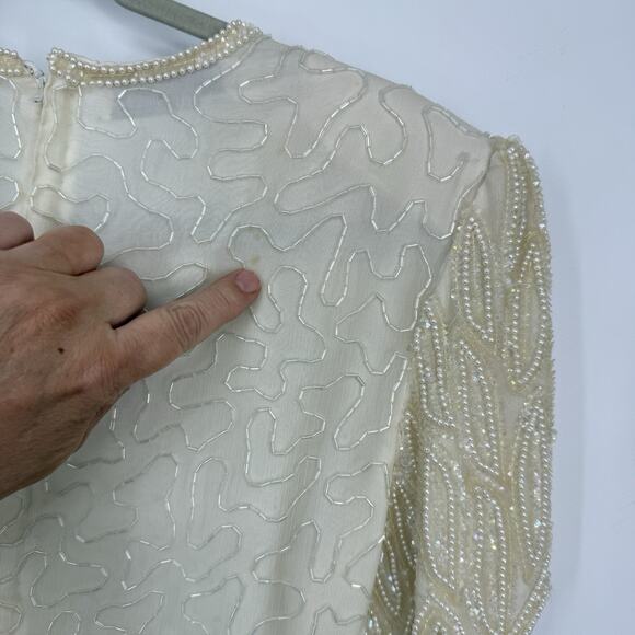 Lawrence Kazar Silk Beaded Sheath Dress Vintage size Small Ivory Short Sleeve - Picture 10 of 16
